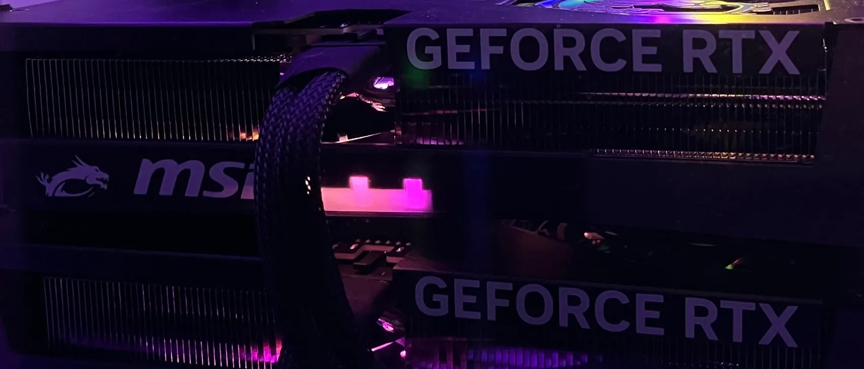Two MSI GeForce RTX 5060 Ti cards stacked in the Z790 home lab server